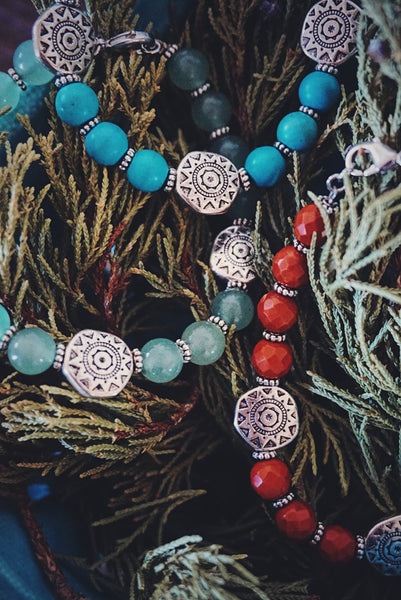 3 silver accented beaded bracelets, close up, product image