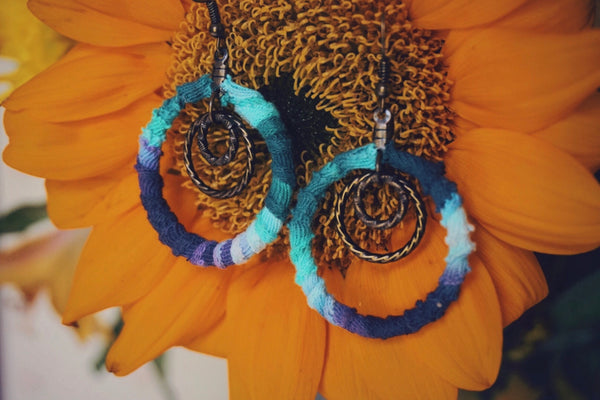 tie dye fabric wrapped hoop earrings, mini bronze accents, product image