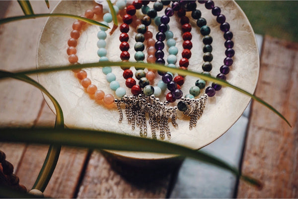 stretchy, semiprecious beaded, silver chain accent, bracelets, product image