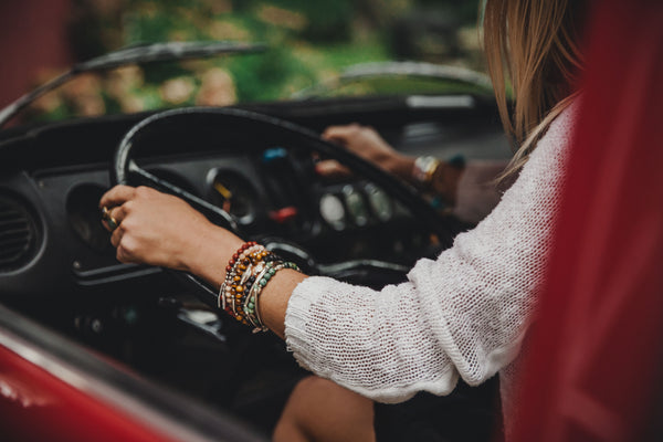 variety of wrap beaded bracelets, on model