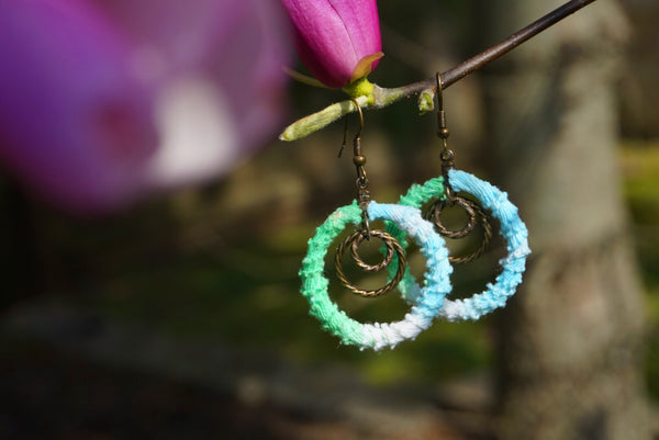 tie dye fabric wrapped hoop earrings, mini bronze accents, product image
