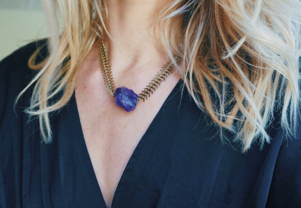 bronze, fishbone chain with raw amethyst, on model