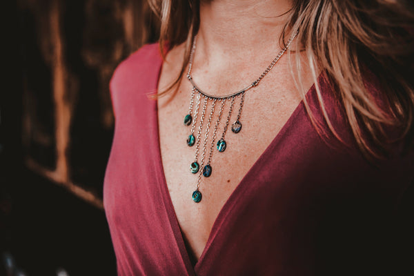 7 cascading abalones on silver chain & bar, on model