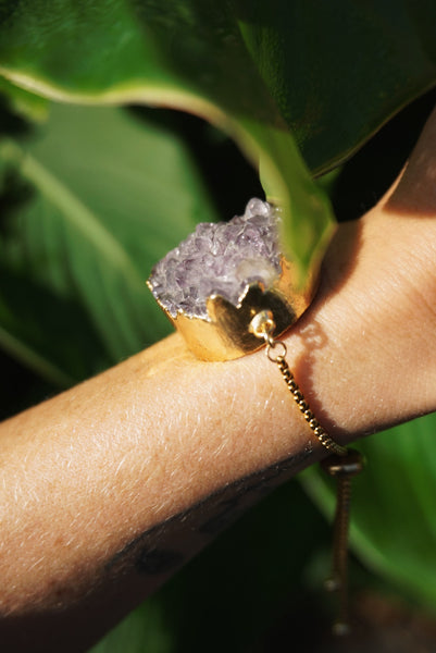 gold, 2 strand slider bracelet, with raw amethyst druzy