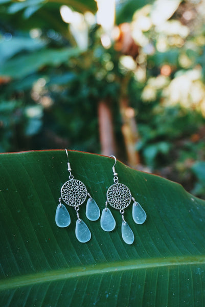 blue glass drop silver earrings, product image