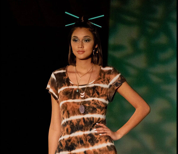 long, gold, amethyst druzy pendant necklace with crescent moon accent, product on model