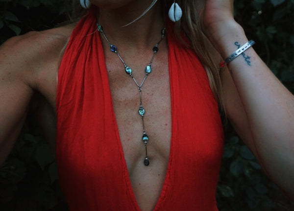 silver & abalone, Y necklace, on model