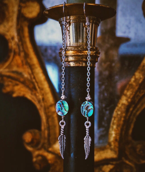long silver, abalone shell & feather drop earrings, product image
