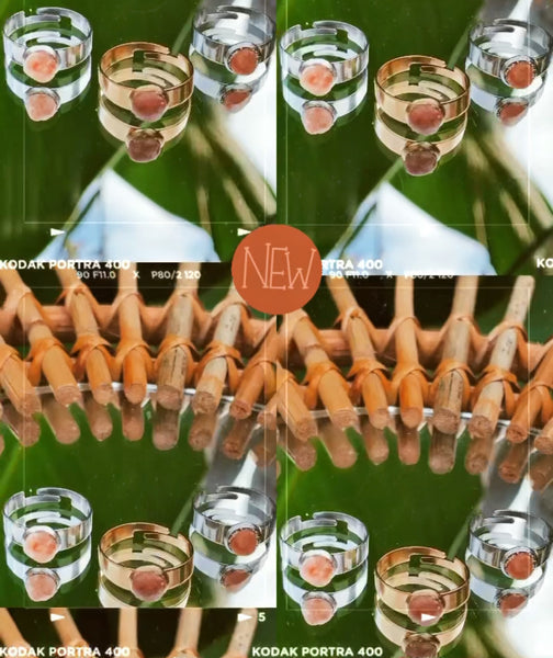 gold and silver thing band rings, round peach stones, product image