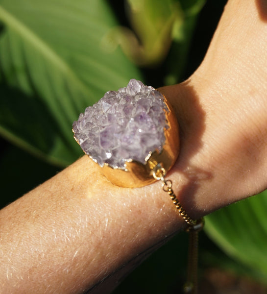 gold, 2 strand slider bracelet, with raw amethyst druzy