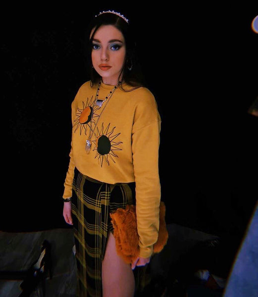 large, clear quarts pendant necklace, product on model