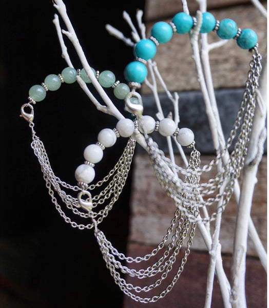 variety of half semiprecious beaded, half chain bracelets, product image