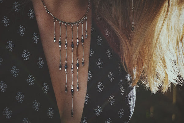 silver bars, navy crystals, gradually falling, statement necklace, on model