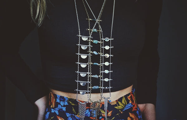 variety of ladder style, silver, bronze, long necklaces, on model