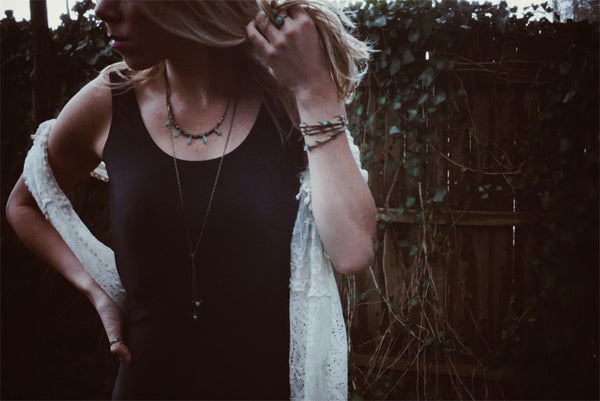 bronze, turquoise picasso, beaded necklace, on model