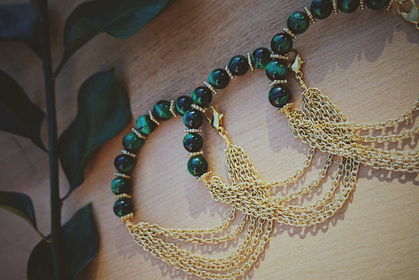 gold, green tigers eye, beaded, chain, bracelets, with clasp