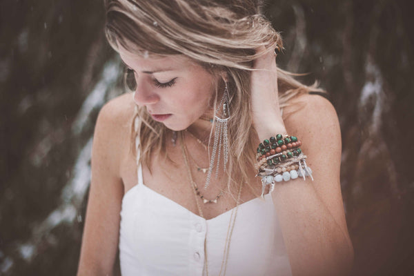 gold, green tigers eye, beaded, chain, bracelets, with clasp, on model