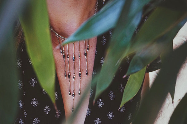 silver bars, navy crystals, gradually falling, statement necklace, on model