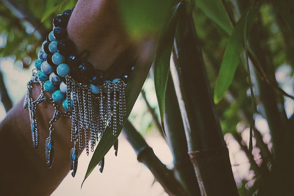 stretchy, semiprecious beaded, silver chain accent, bracelets