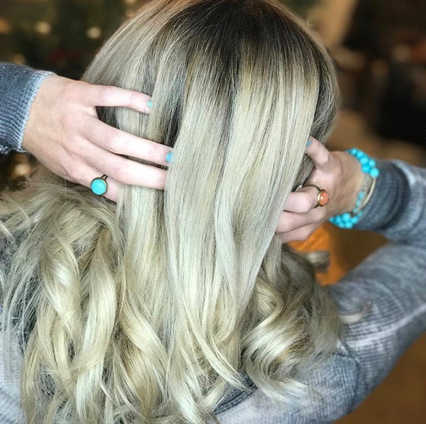 turquoise, gold sandstone, semiprecious stone, bronze, adjustable base, rings, on model