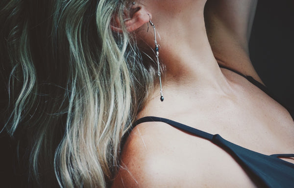 simple, silver bars, navy blue crystals, drop earrings, on model