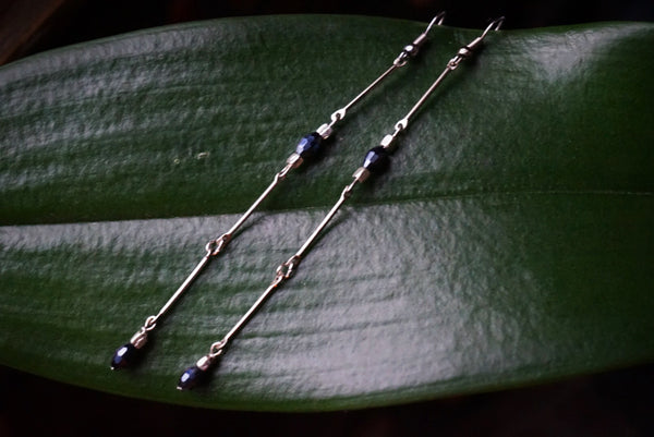 simple, silver bars, navy blue crystals, drop earrings