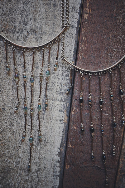 silver bars, light blue crystals, navy crystals, gradually falling, statement necklaces