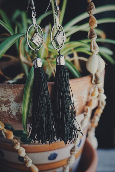 black tassel, silver accent, lightweight, earrings