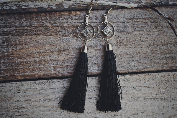 black tassel, silver accent, lightweight, earrings