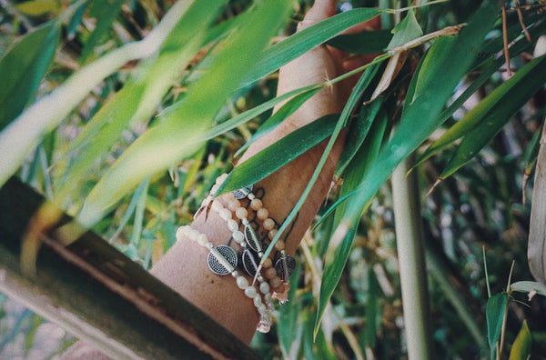 variety of wrap beaded bracelets, pearl & peach, product on hand