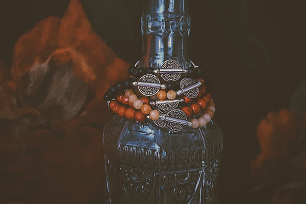 variety of wrap beaded bracelets, lava rock, red jasper & peach, product image