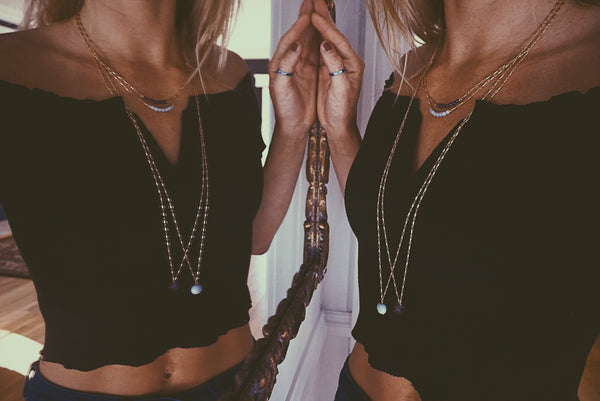 two layered necklaces, amethyst & amazonite, product on model