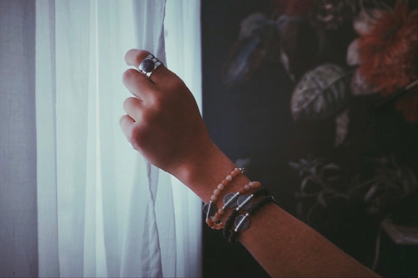 variety of wrap beaded bracelets, lava rock & peach, product on hand