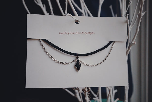 black suede choker, black drop, silver chain, product image