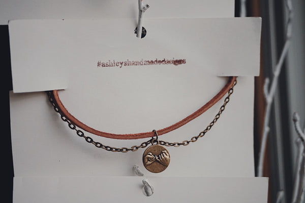 brown suede choker, pinky swear charm, bronze chain, product image