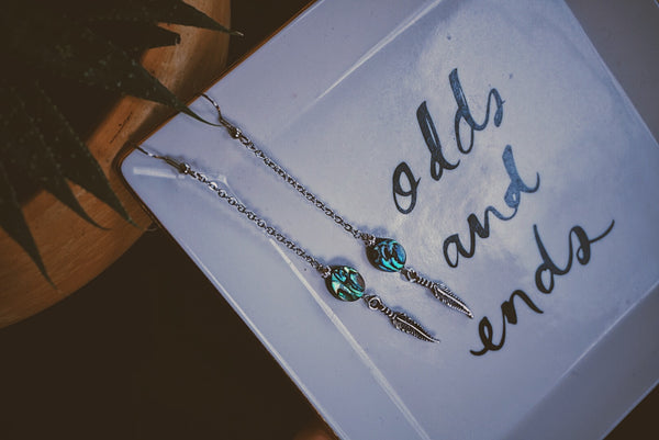 long silver feather and abalone earrings, product image