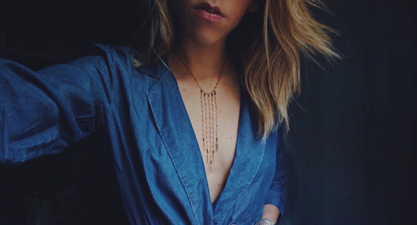 gold, cascading, statement necklace, on model