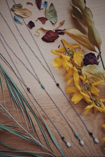 variety of silver Y necklaces, turquoise, amethyst, green sandstone, leaf, product image