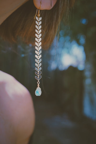 gold, chevron chain, earrings, on model