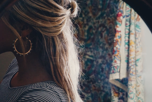 gold & amazonite beaded hoop earrings, on model