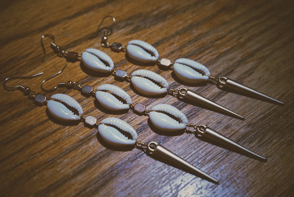 gold spiked cowrie shell earrings, product image