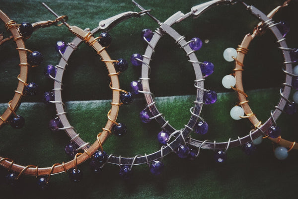 close up, variety of gold & silver beaded hoop earrings, product image