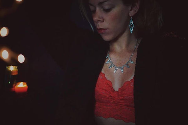 silver, tribal triangle, necklace, on model