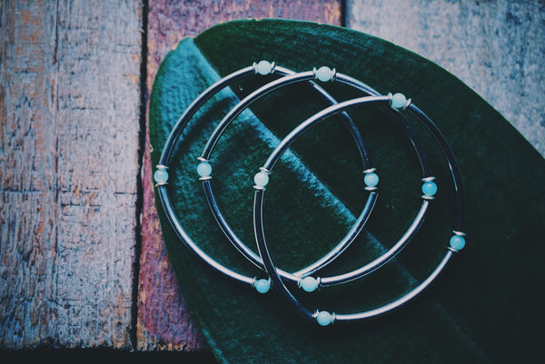 stretchy, silver tube bar bracelets, amazonite beads in between