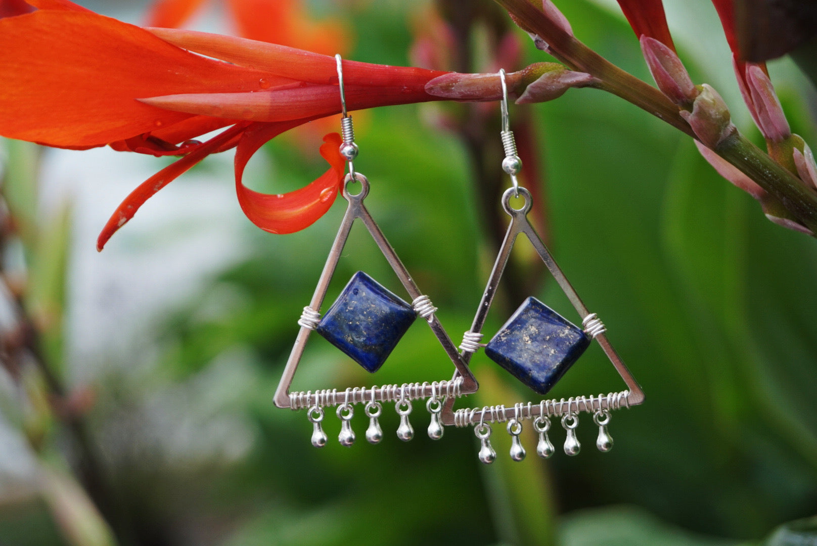 silver triangle and blue lapis earrings, product image