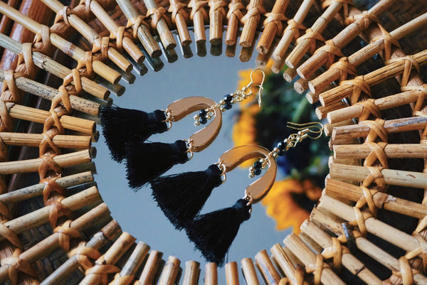gold arch, beaded accent earrings with black tassels, product image
