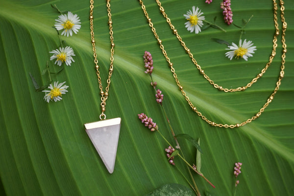 long gold, rose quarts triangle pendant, necklace, product image