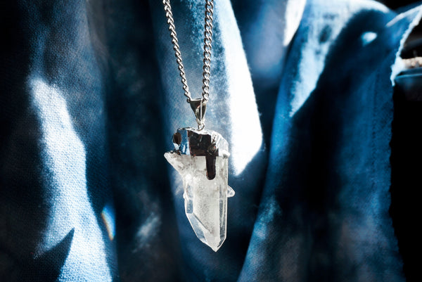 large clear quartz pendant necklace, silver chain, product image