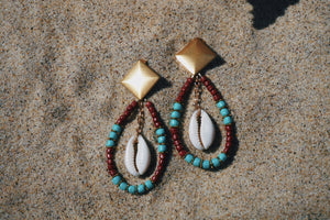 gold accent earring post, beaded hoops with cowrie shell, product image