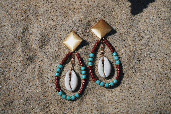gold accent earring post, beaded hoops with cowrie shell, product image